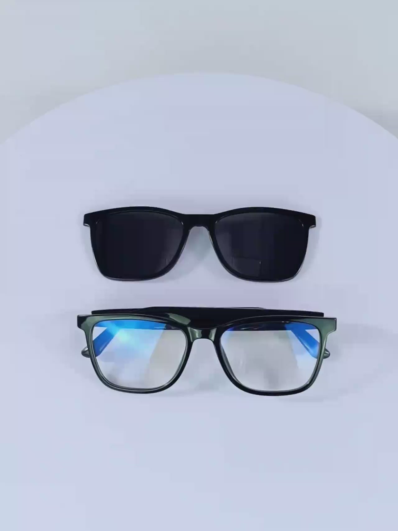 Beatlens Vibe Smart Glasses with interchangeable UV400 polarized and blue light filtering lenses on a white background.